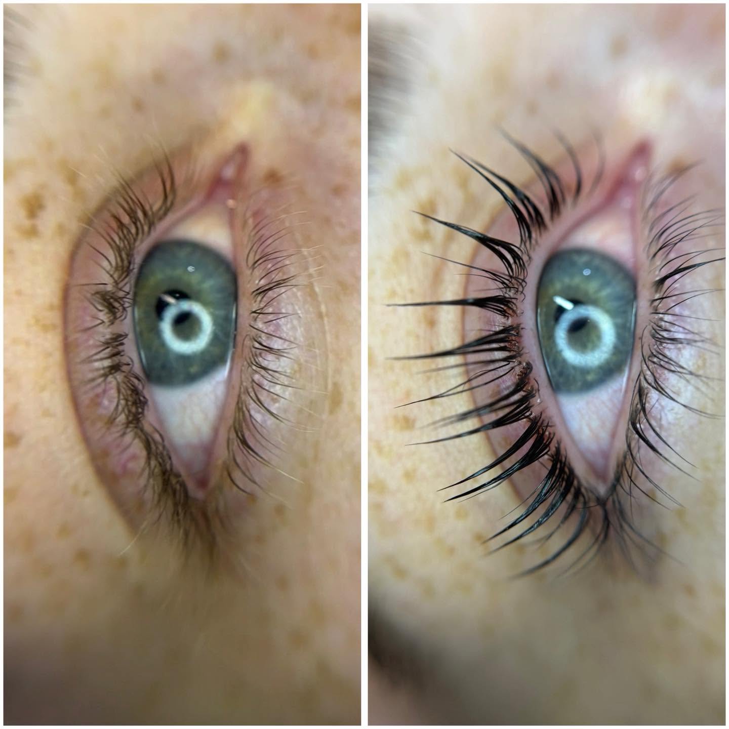 Before and after of a lash lift and tint on natural lashes